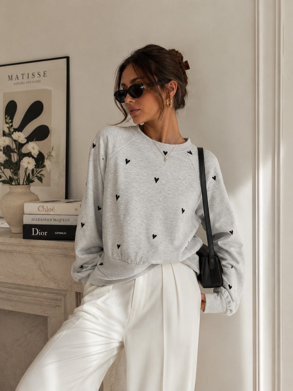Maeve Anthropologie Heart Embroidered Cropped Sweatshirt Gray Pullover Small